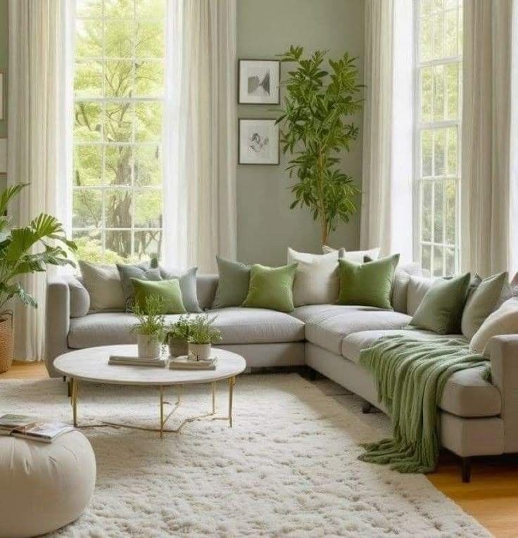 A stylish living room with a beautiful green accent wall.