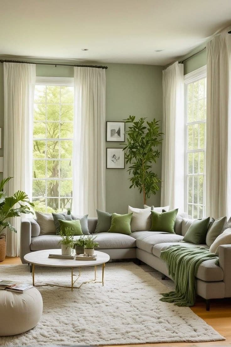 A stylish living room with a beautiful green accent wall., mobile view.